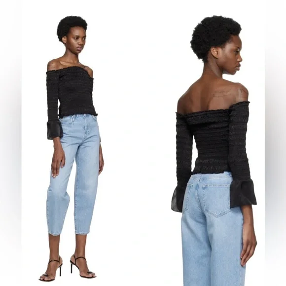 FRAME Smocked Off Shoulder Top in Black Size XS - Picture 3 of 16